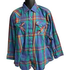 Karman Western Shirt Men Size 17.5 Blue Red Purple Plaid X Long Tail USA Made